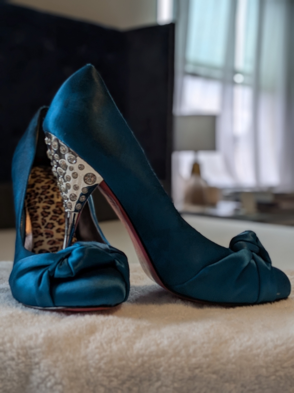 Paris Hilton Teal Satin Knotted Peep-Toe Heels with Rhinestone Metallic Heel